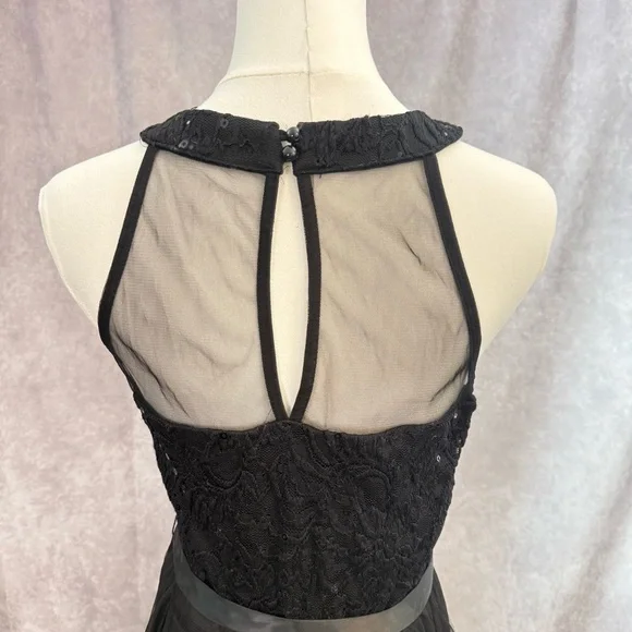 Elegant Black Halter Formal Sheer Illusion Dress layered tulle prom bow sequin - Picture 6 of 10